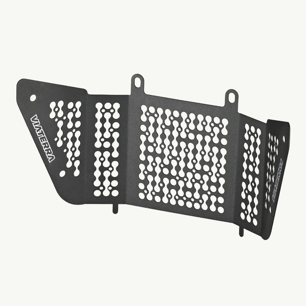 color_black A black metal radiator guard with via terra branding, designed for protection against debris for a KTM motorcycle.