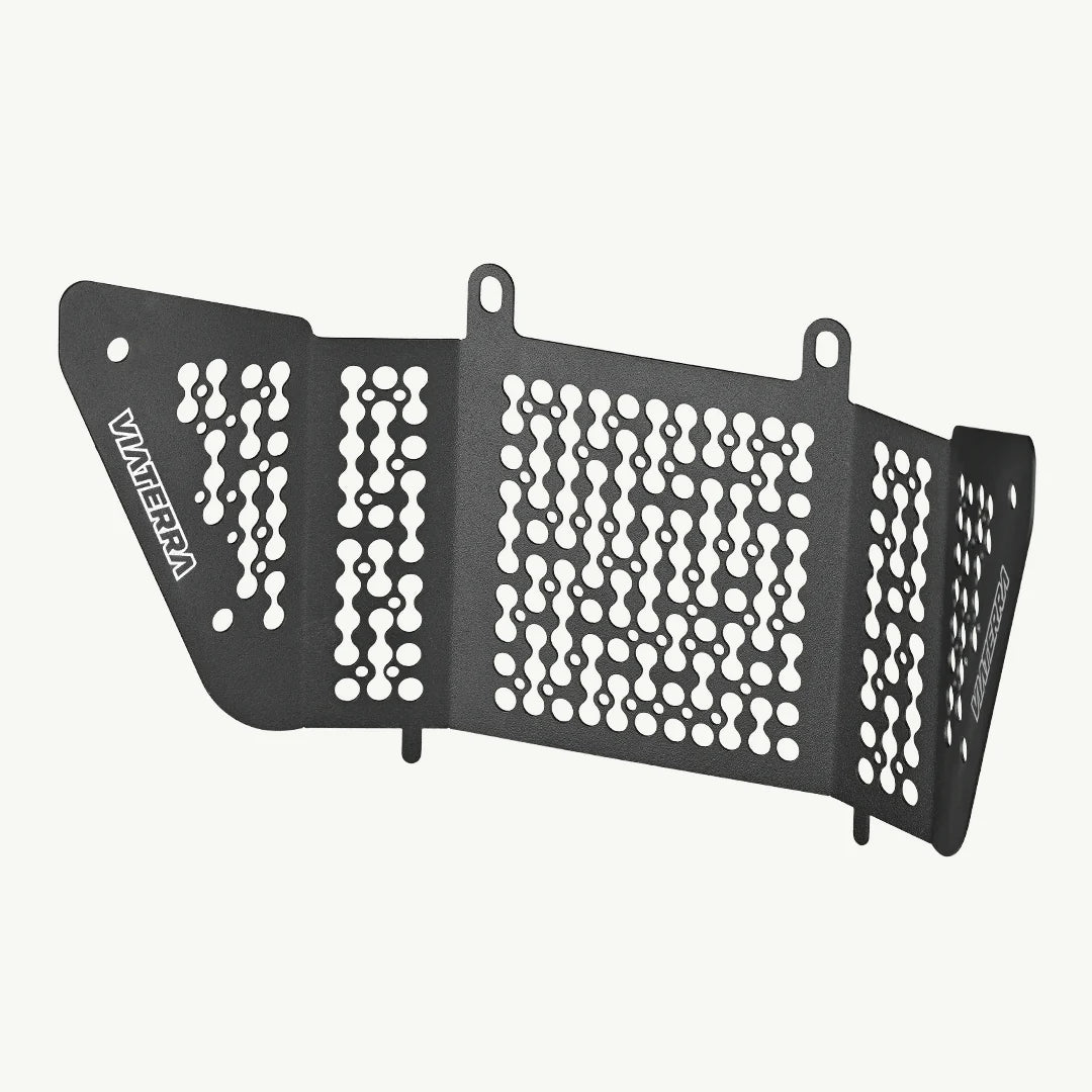color_black A black metal radiator guard with via terra branding, designed for protection against debris for a KTM motorcycle.